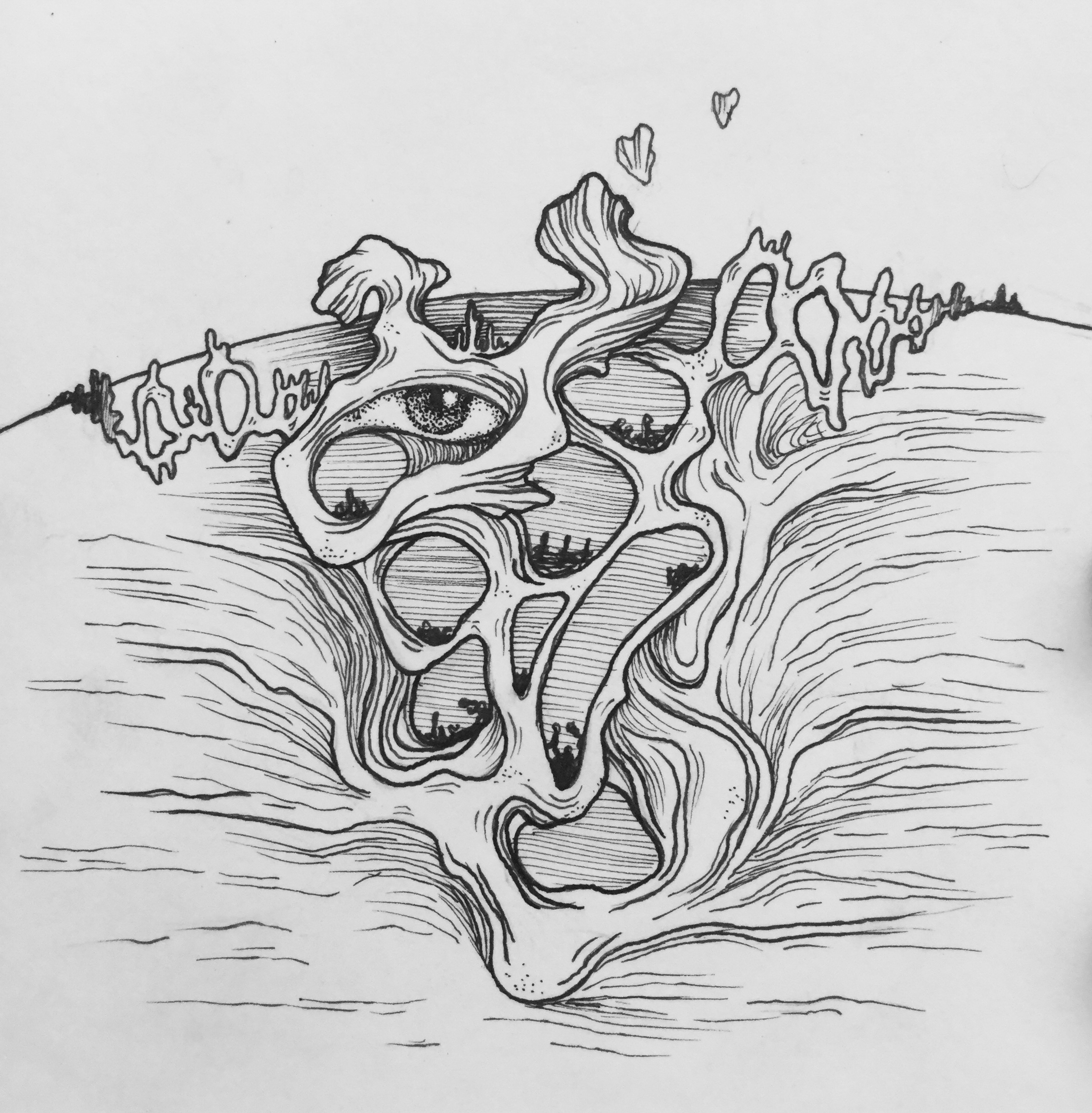 Ink illustration of a surreal landscape with an eye in it