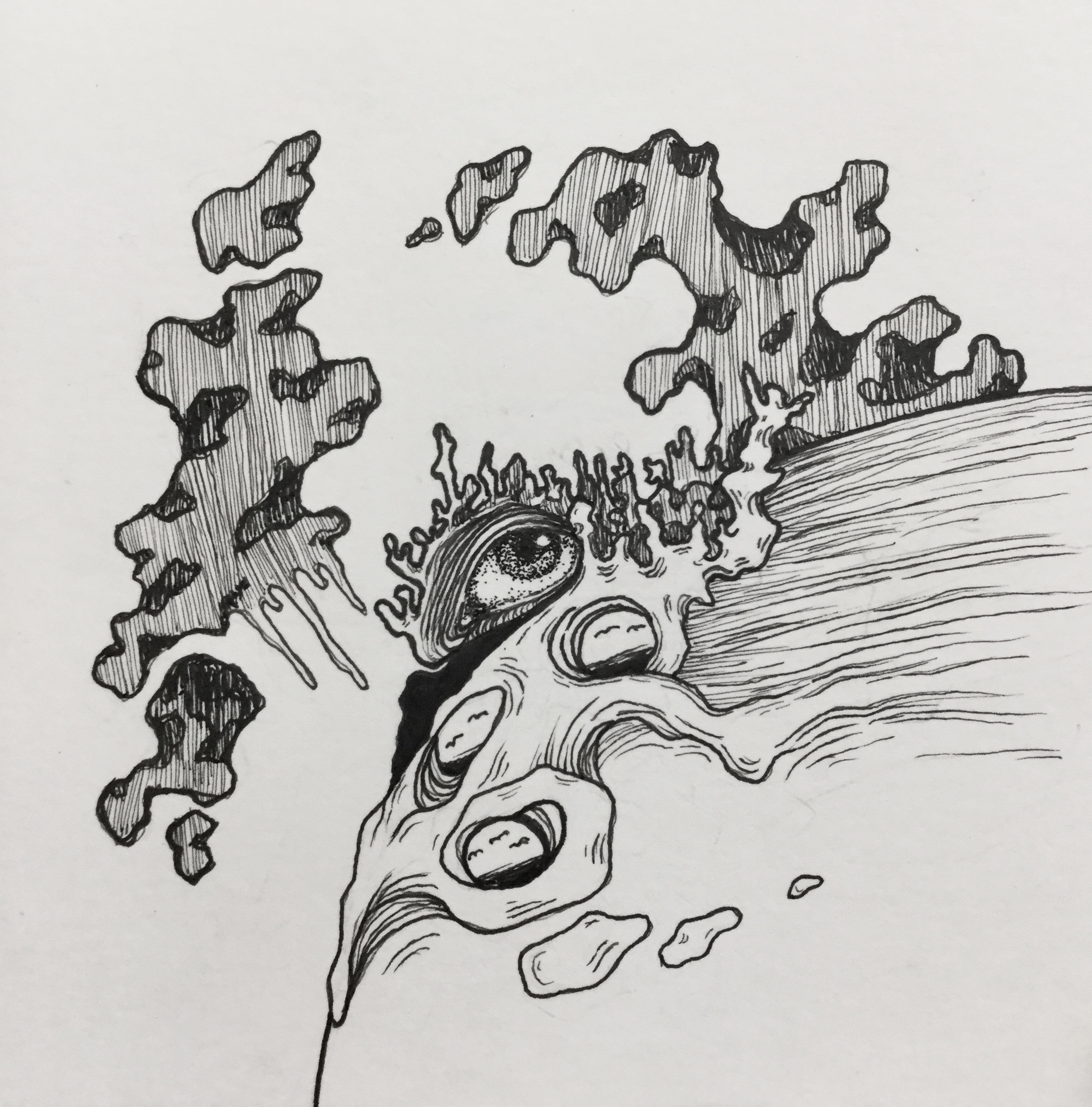 Ink illustration of a surreal landscape with an eye in it