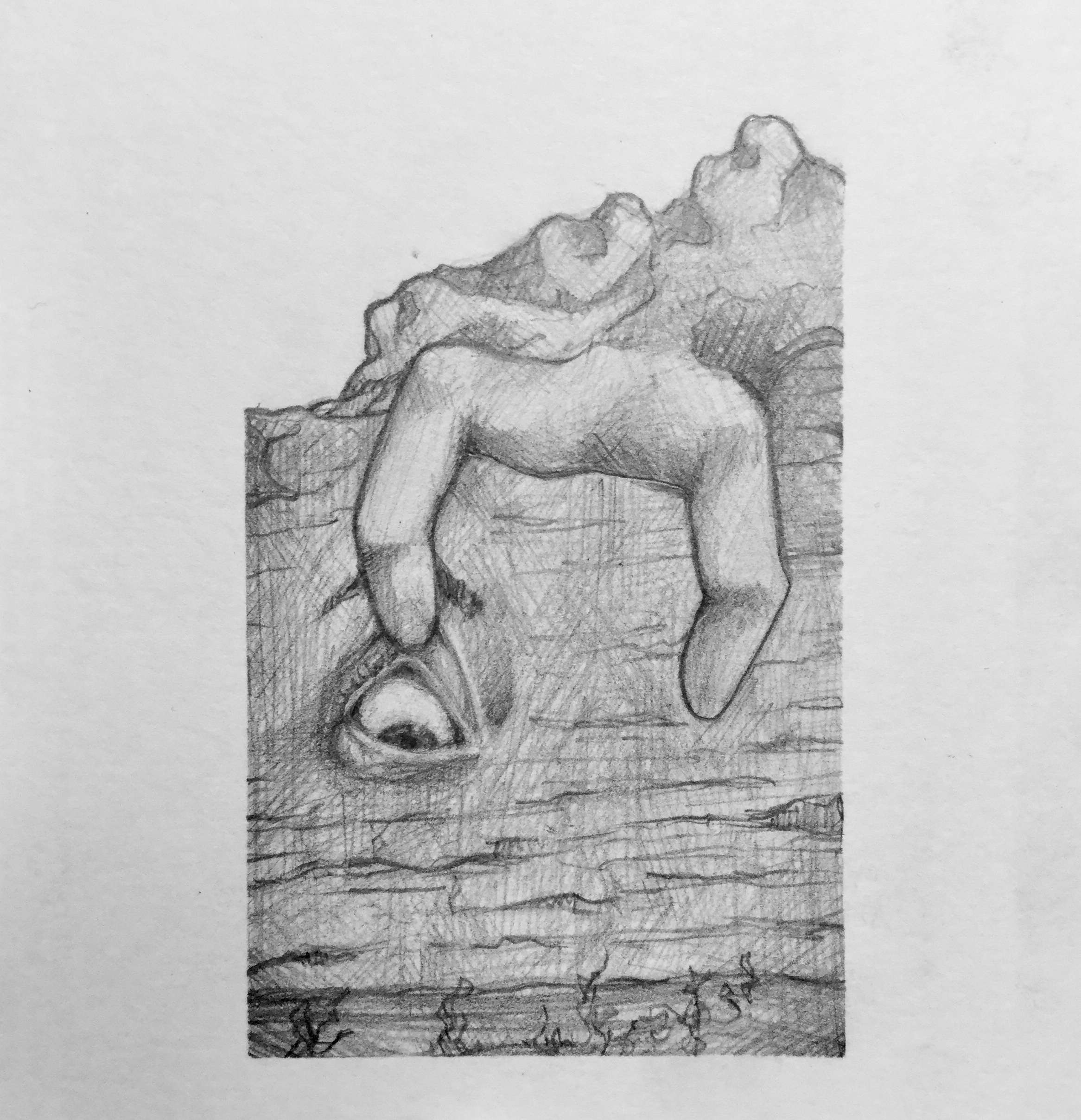 Graphite illustration of the side of a mountain with two fingers coming out of it, one pulling up the upper eyelid of an eye in the rock