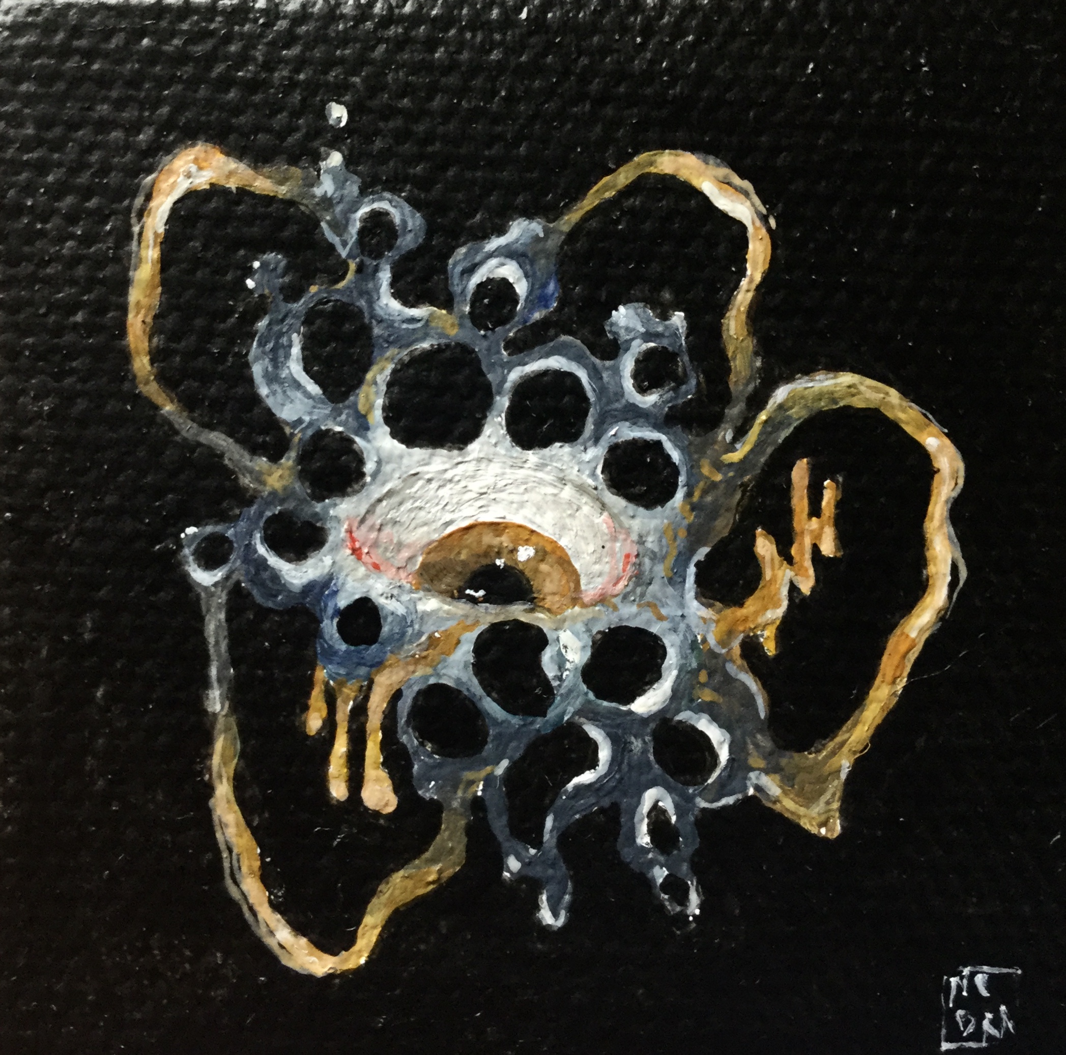 Painting of an eye looking down with abstract shapes around it and a black background