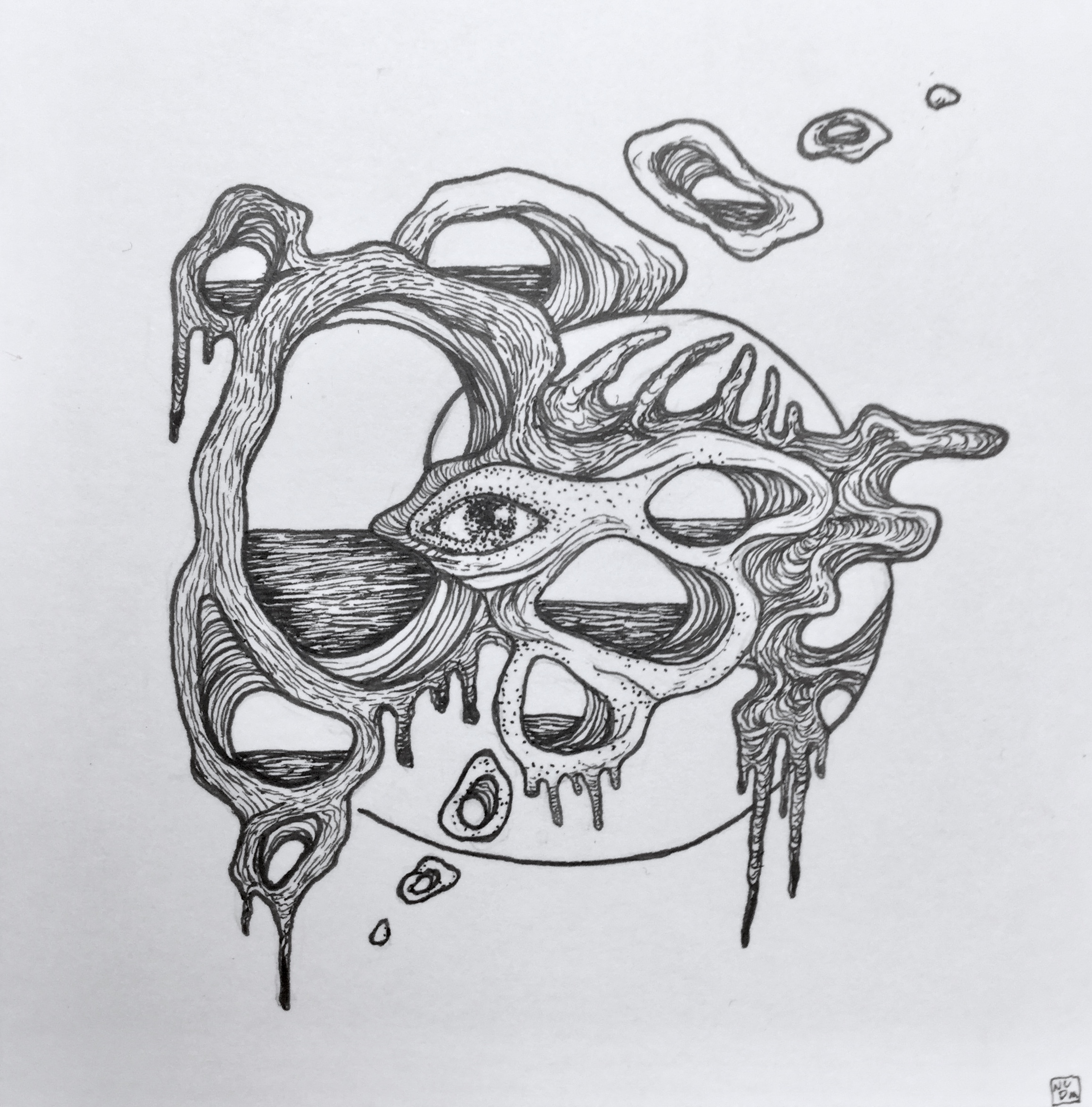 Ink illustration of a tiny eye in an organic shape with a spiral behind it