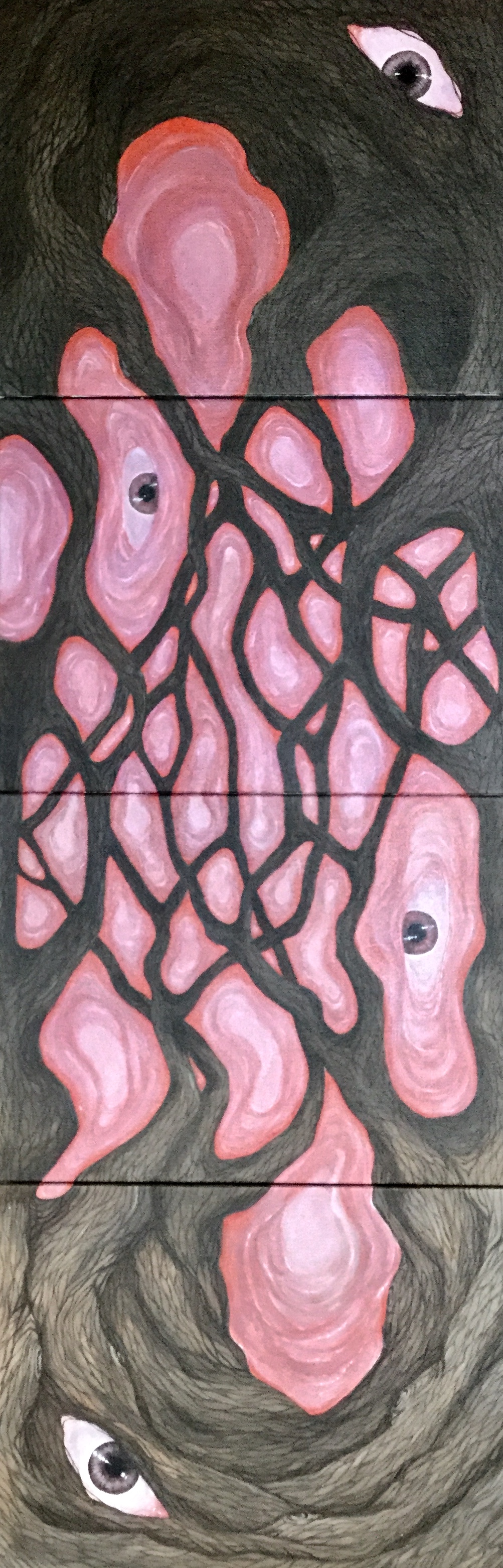 Four paintings of trees with branches reaching up and down and connecting. An eye in each panting, either in the tree or in the fleshy background