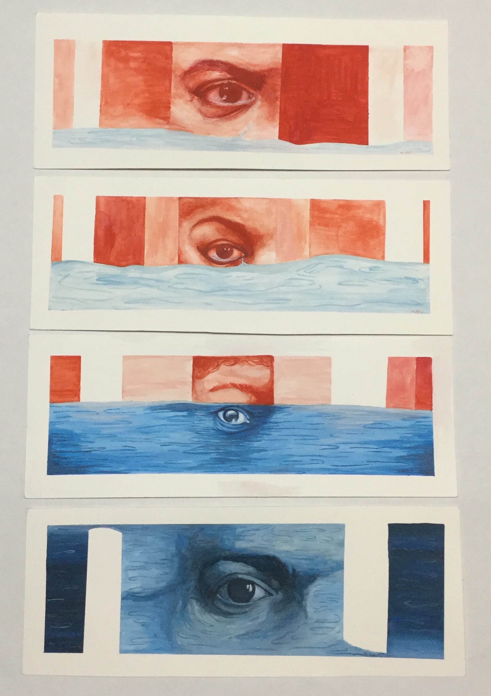 Four watercolor paintings, each eye in the painting is crying more tears, the final eye is blue completely