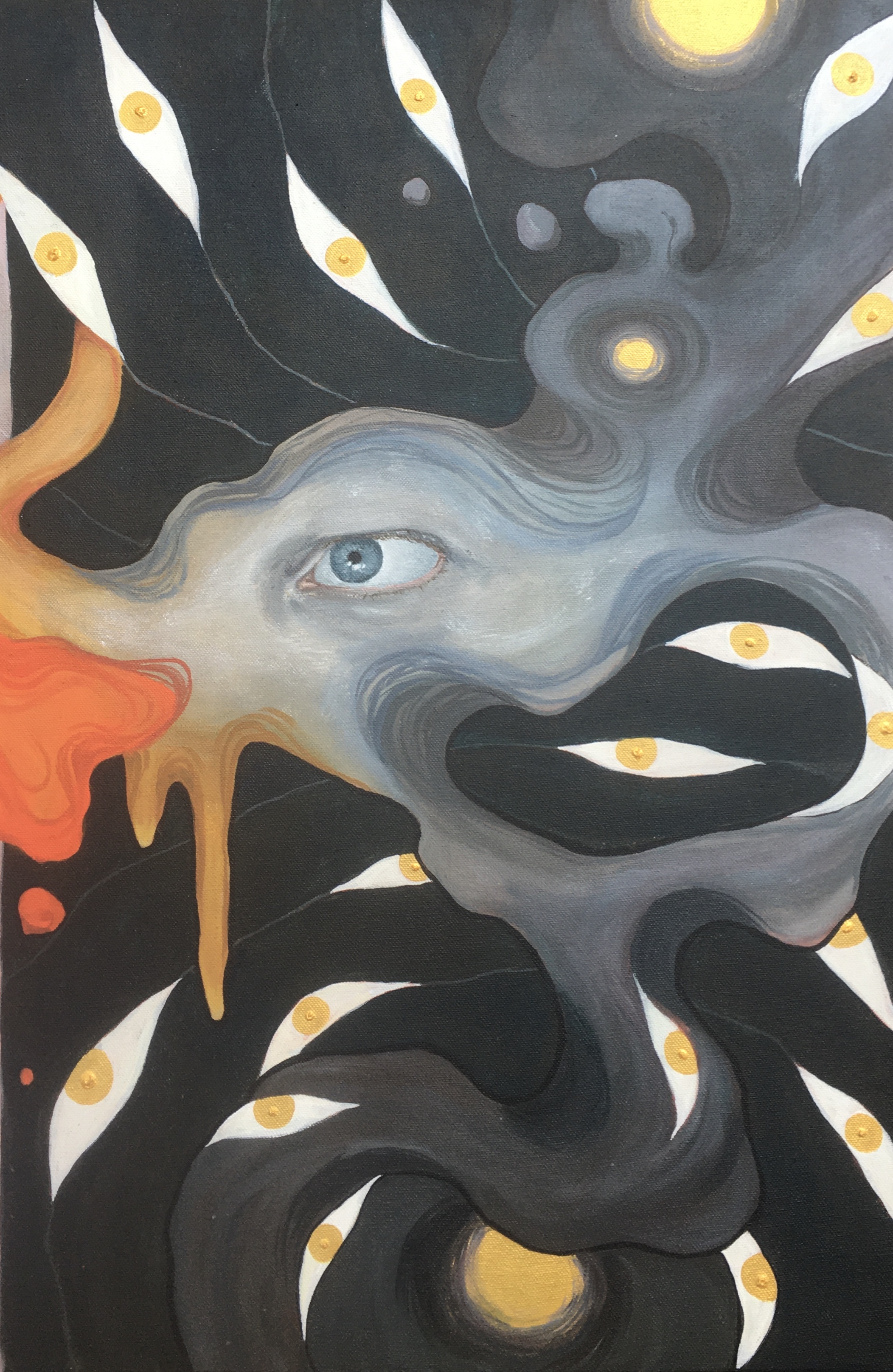 Surreal painting of an eye looking to the left, with abstracted flowing shapes behind it including ones that look like eyes and gold circles