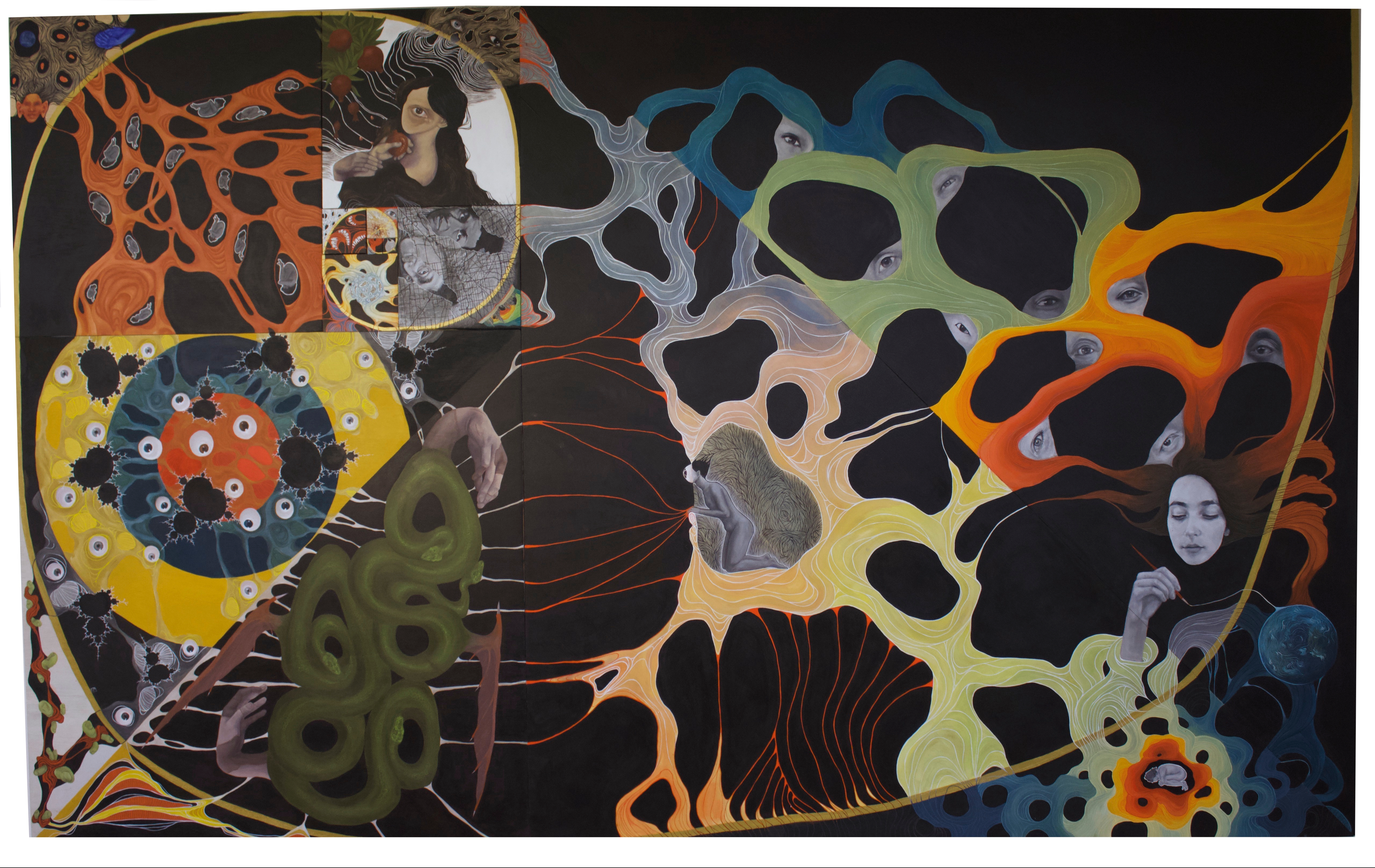 Huge painting of the golden spiral, between the spiral's lines are paintings with lines that all connect to each other. The paintings are colorful, surreal, and realistic.